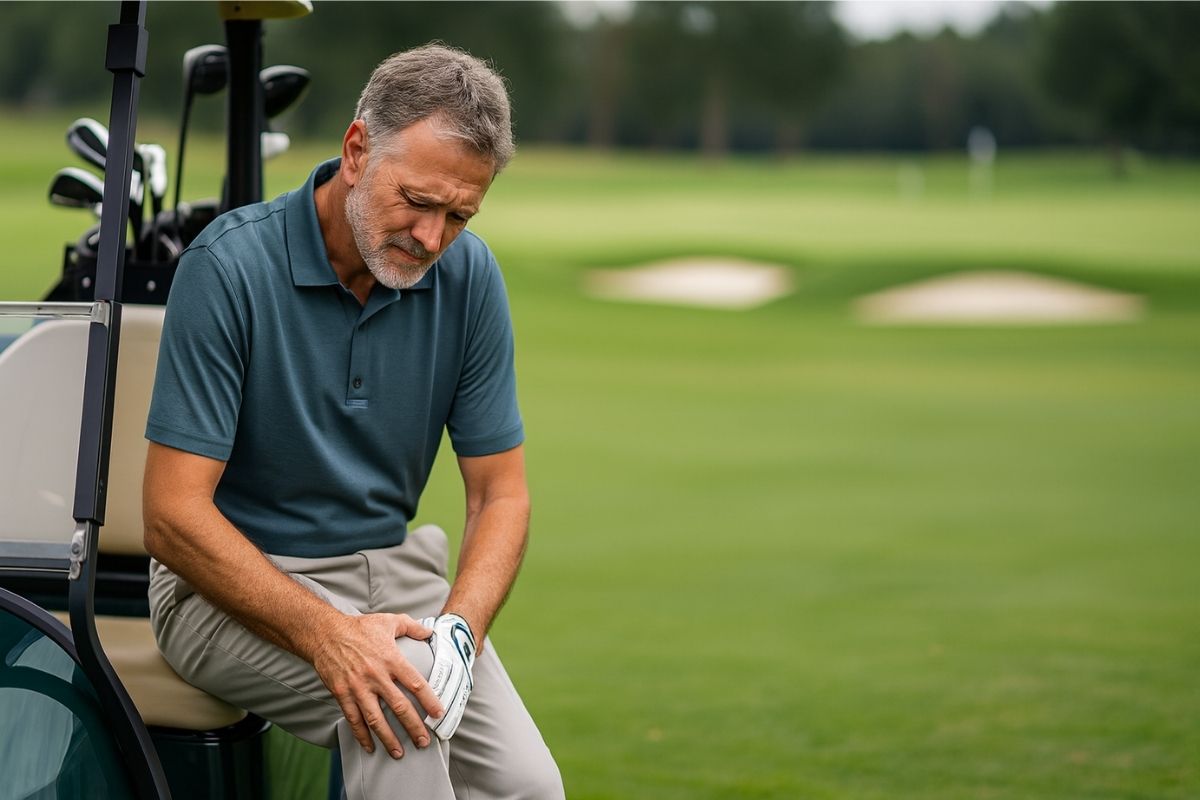 Frustrated golfer in his 50s holding his knee in pain on a golf course.
