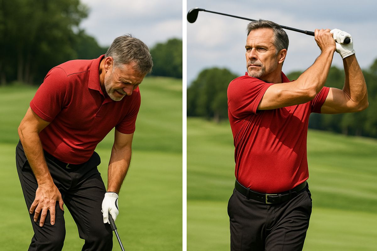 Split-screen comparison of the same golfer looking defeated vs. confident and powerful.