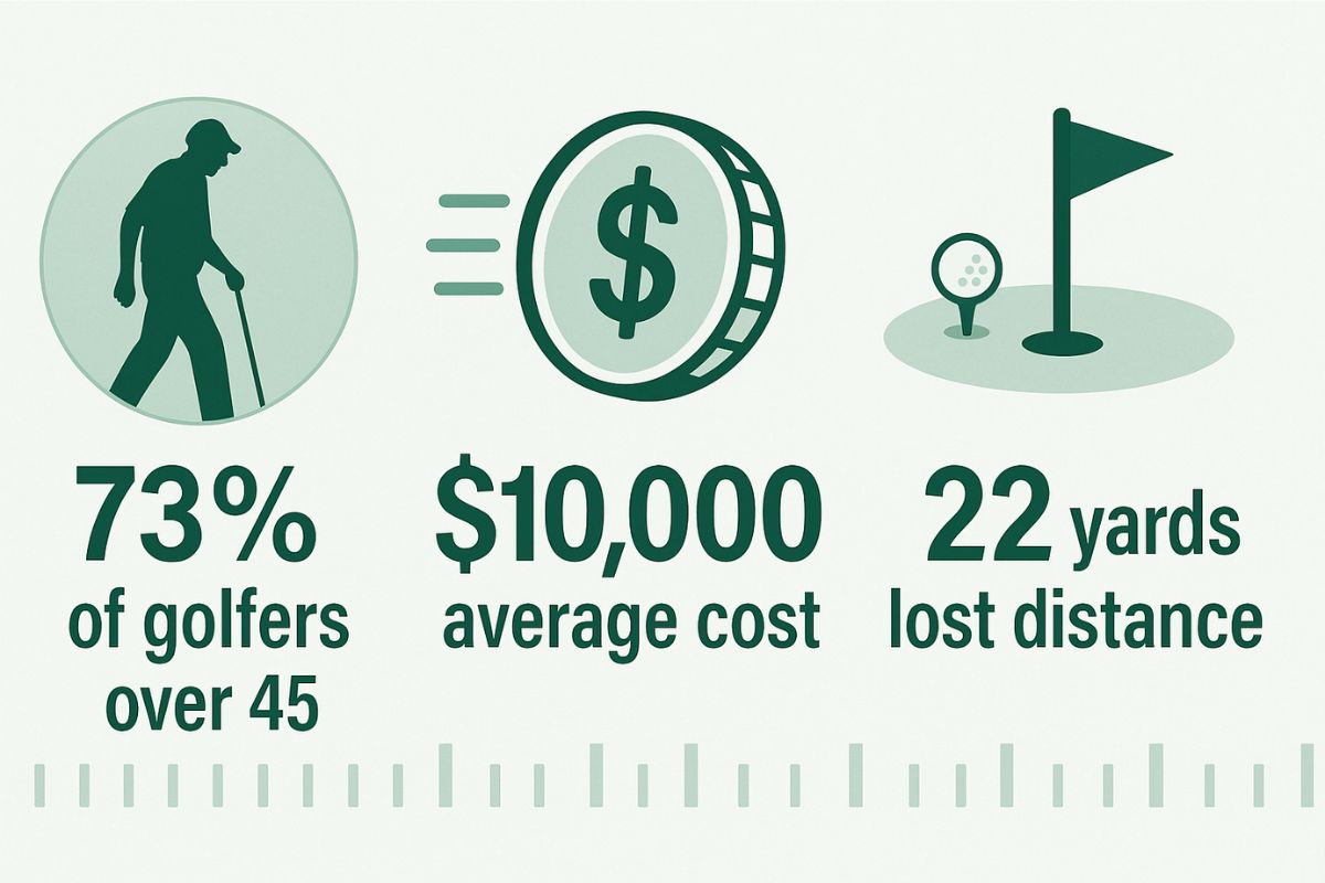 Infographic showing statistics for Golfers Knee: 73% of golfers over 45, $10,000 average cost, 22 yards lost distance.