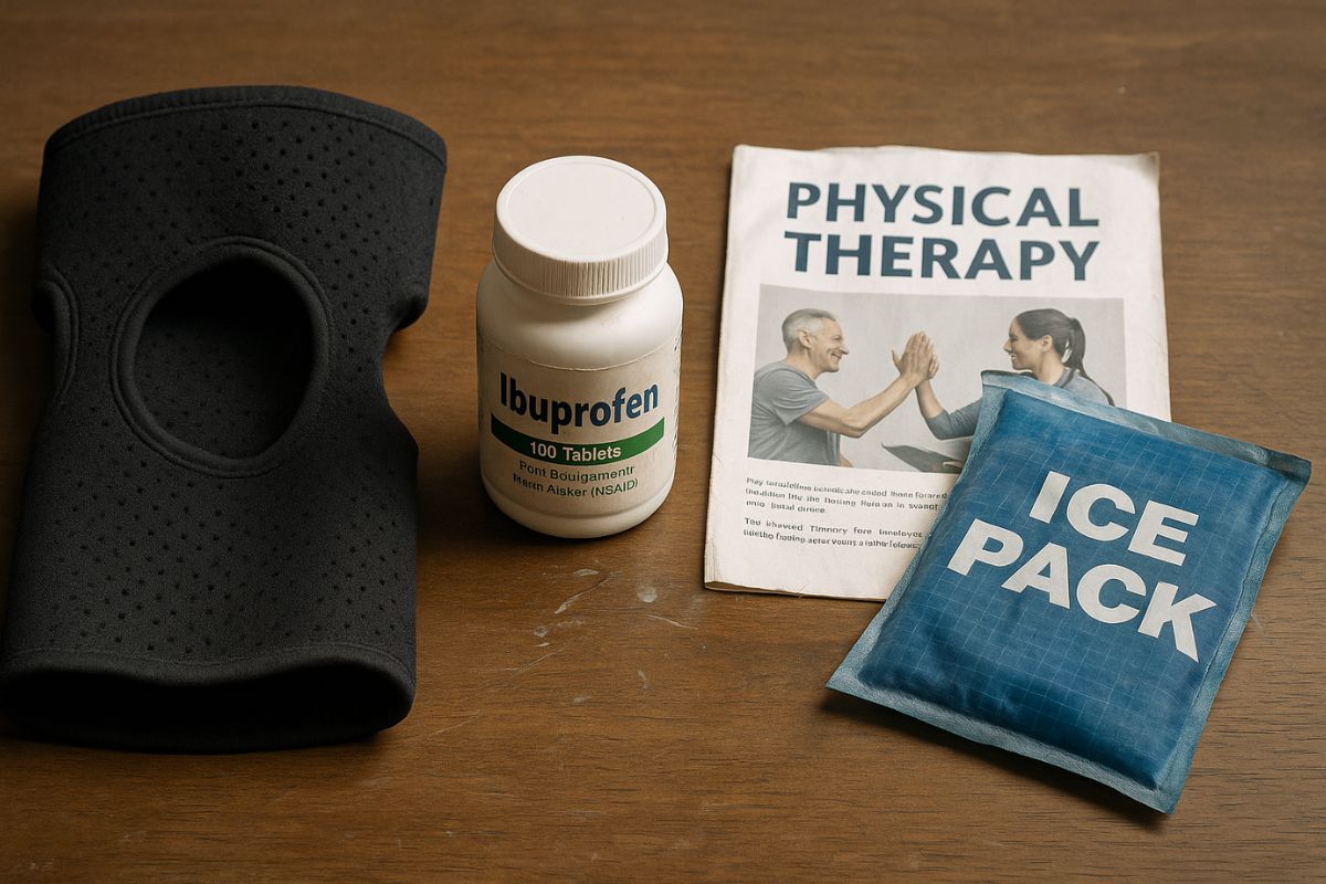 Collection of failed solutions: generic knee brace, ibuprofen, ice pack.