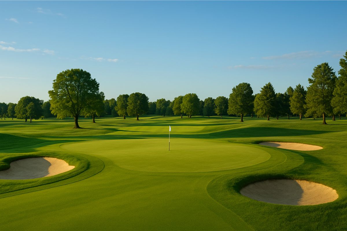 A scenic view of a golf course at sunrise